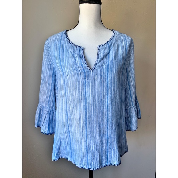 Artisan Ny Tops - Artisan NY Linen Boho Blue Striped Tunic Blouse